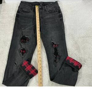 Judy Blue Skinny Jeans Womens 5/27 Black Distressed Plaid Cuff Stretch Denim